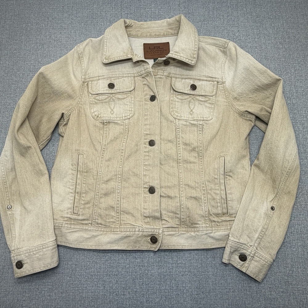 LRL Lauren Jeans Co Ralph Lauren Womens Denim Jacket Large Beige Stretch - Picture 2 of 8